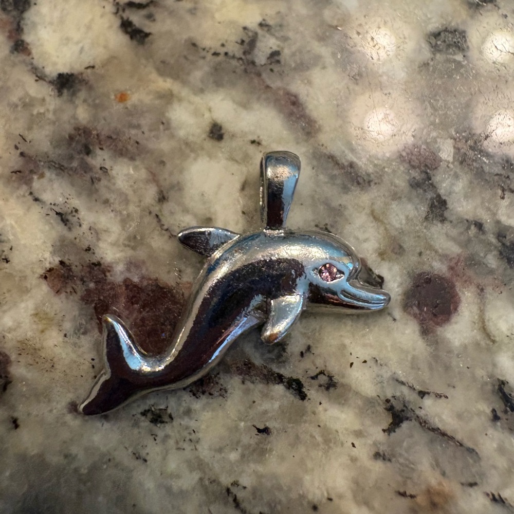 Sterling Silver dolphin charm with pink crystal eye, necklace not included